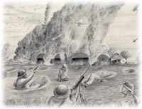 Bombing Of Clark Field -- The United States was not prepared for the attack on Pearl Harbor on December 7, 1941 nor for the one on Clark Field ten hours later the same day. -- Drawing Courtesy of Ben Steele