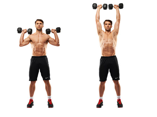 man demonstrating an overhead press with dumbells