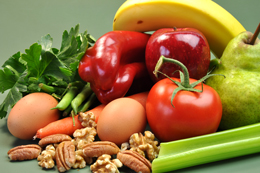 fresh vegetables, fruits, eggs, and nuts