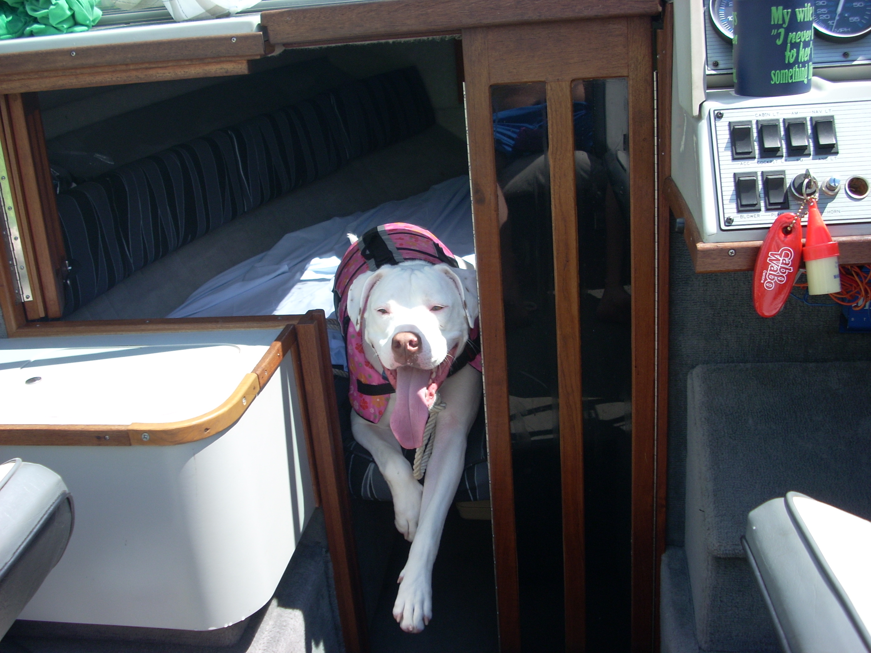 C.C. smiling on boat