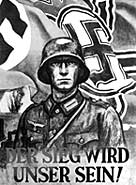 Nazi propaganda poster, showing a helmeted soldier in front of swastika flags, with the slogan in German, 'Victory Will be Ours', c. 1942